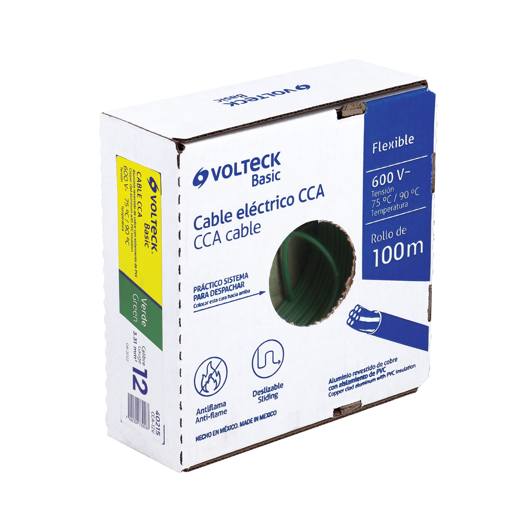 CCA-12V+E1 Rollo de 100 m de cable THHW 12 AWG CCA Verde, VOLTECK - Imagen 1